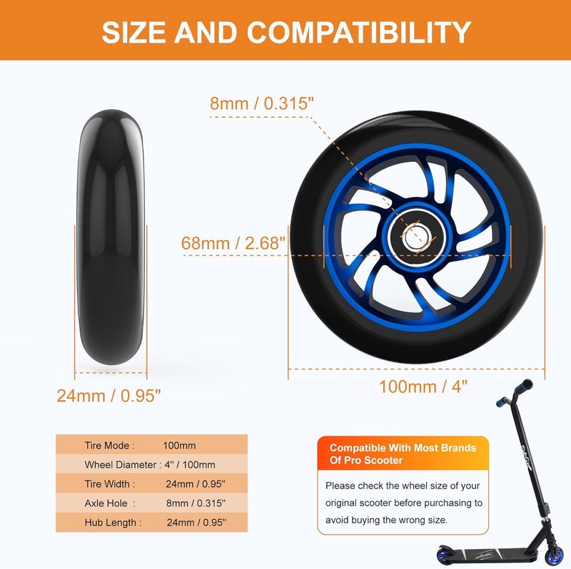 CANWUPON 100mm Scooter Wheels Pro Replacement Parts - With Aluminum Alloy Wheel Rim and Anti-Lock Bearing, Scooter Replacement Parts for Razor Scooters (2Pcs 100mm Blue) - Image 2